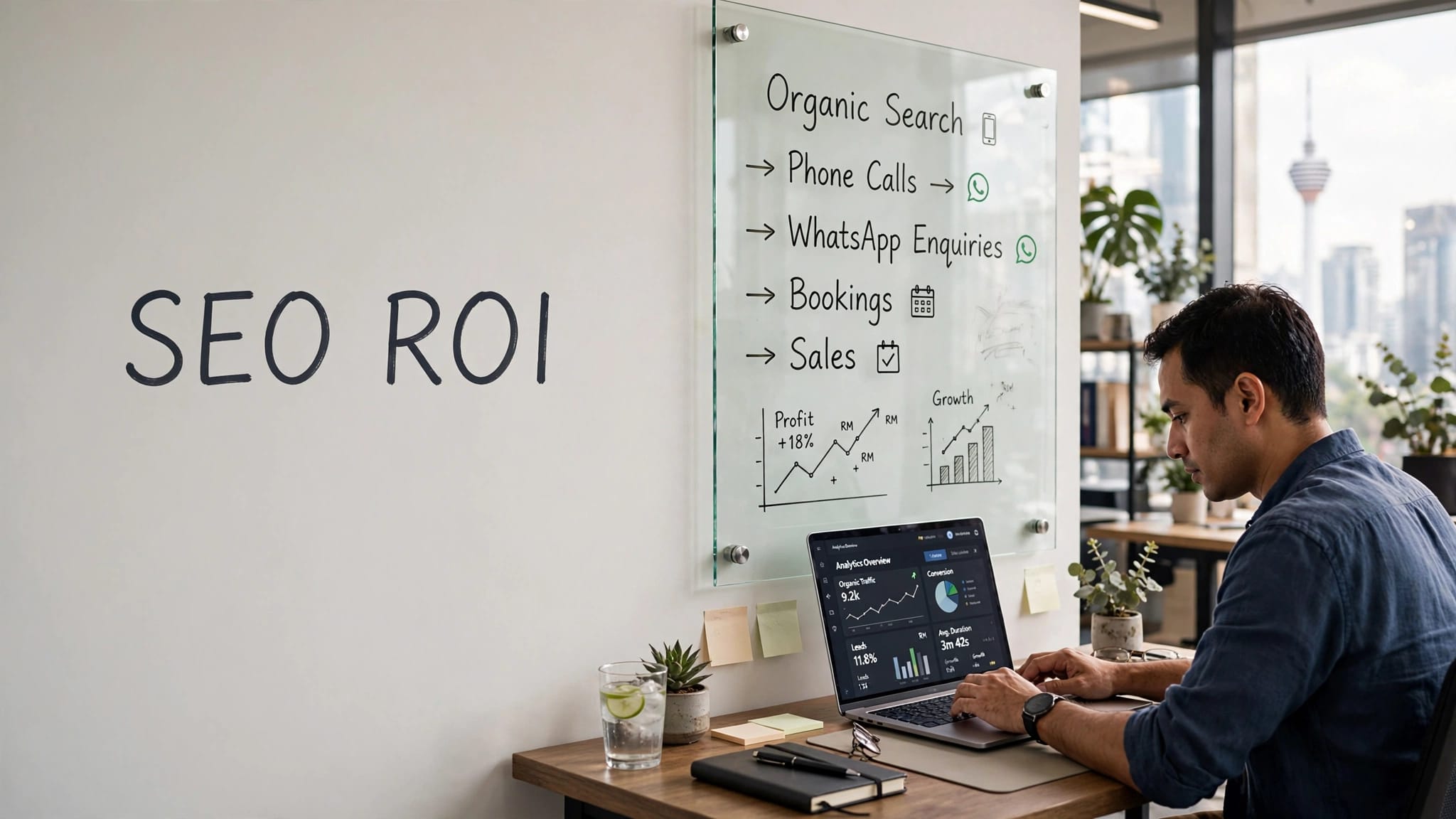Malaysian business owner reviewing SEO analytics beside a funnel board labeled SEO ROI.