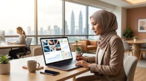A Malaysian strategist reviews image SEO analytics on a laptop at a bright office desk.