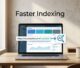 Laptop dashboard with a URL update notification, indexing icon, and Malaysian map detail in a bright office.