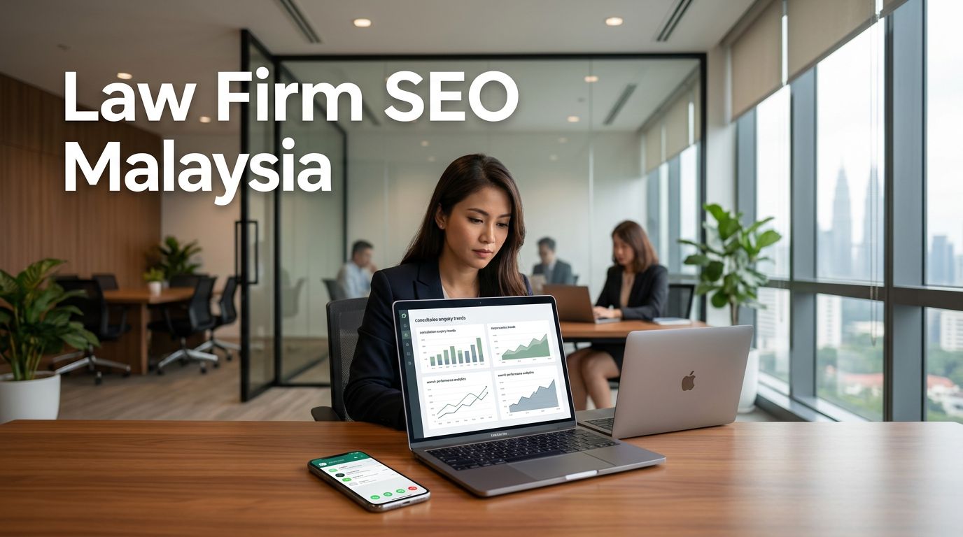 A solicitor reviews analytics beside a smartphone in a bright modern law office.