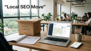 Desk with a laptop map, packed box, address document, and smartphone showing a map pin.