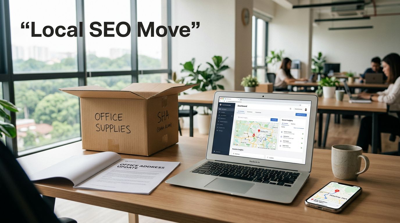 Desk with a laptop map, packed box, address document, and smartphone showing a map pin.