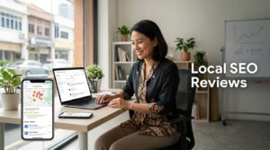 Malaysian business owner checking customer reviews on a laptop beside a phone with map pins.