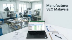Laptop with rising search rankings beside factory machinery, product documents, and an RFQ checklist.