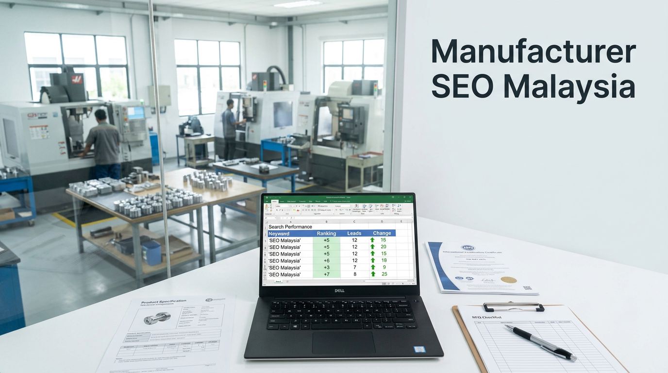 Laptop with rising search rankings beside factory machinery, product documents, and an RFQ checklist.