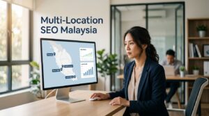 An SEO strategist views a Malaysia branch map with ranking and lead charts.
