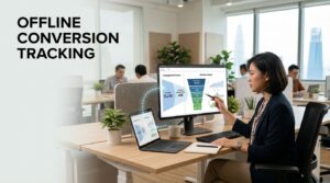 Strategist viewing ad leads and sales stages on a laptop in a bright office.