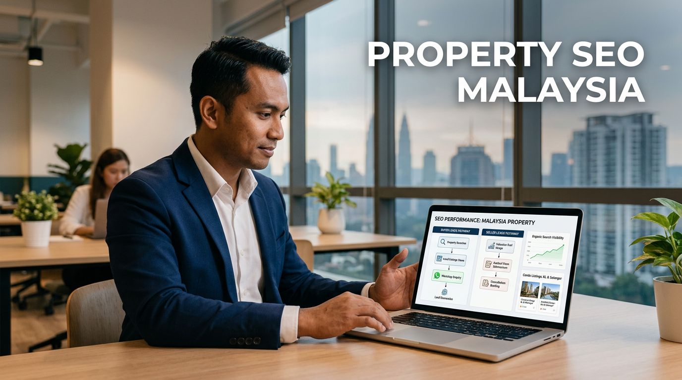Property strategist reviewing Malaysian real estate SEO charts beside a Kuala Lumpur skyline.