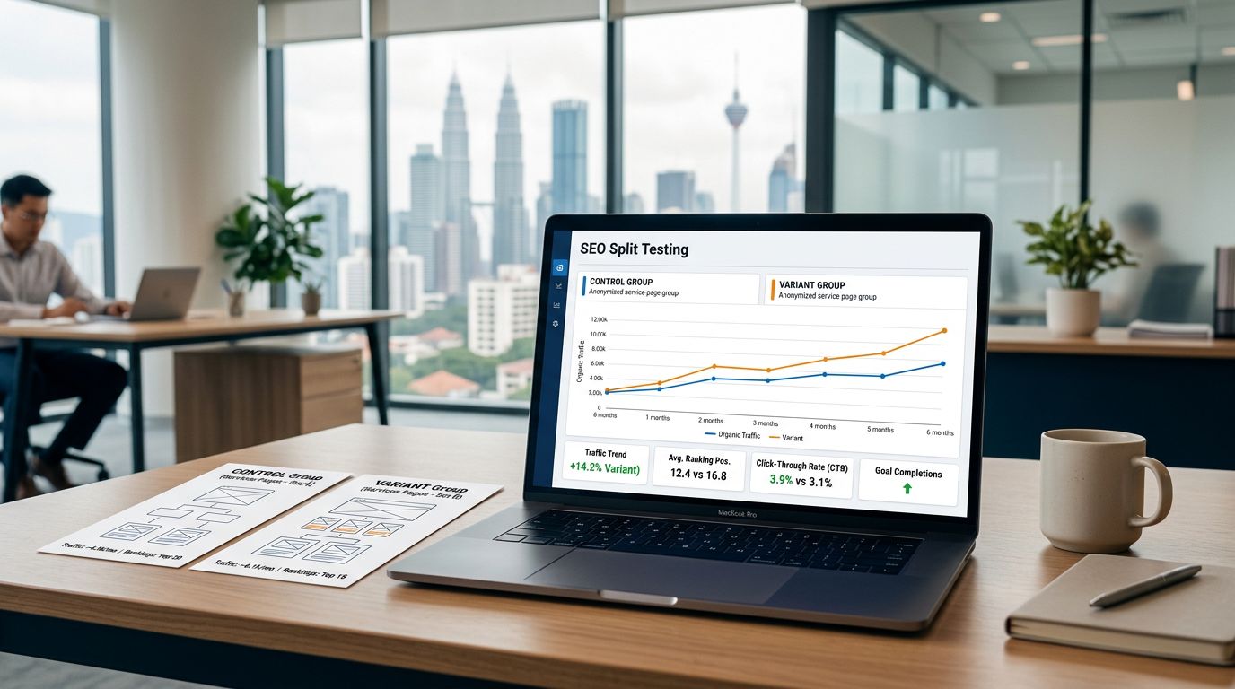 Laptop dashboard compares Control and Variant SEO results beside printed page cards.
