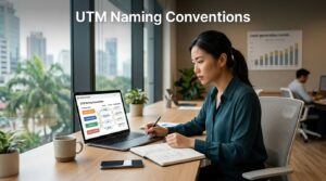 Marketer reviewing UTM campaign data on a laptop beside a notebook.