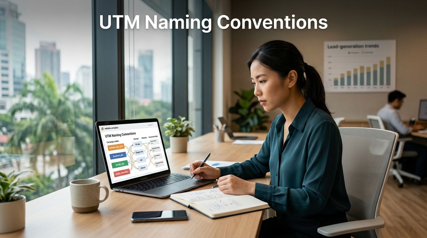 Marketer reviewing UTM campaign data on a laptop beside a notebook.