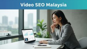 A Malaysian strategist reviews video results on a laptop in a bright office.