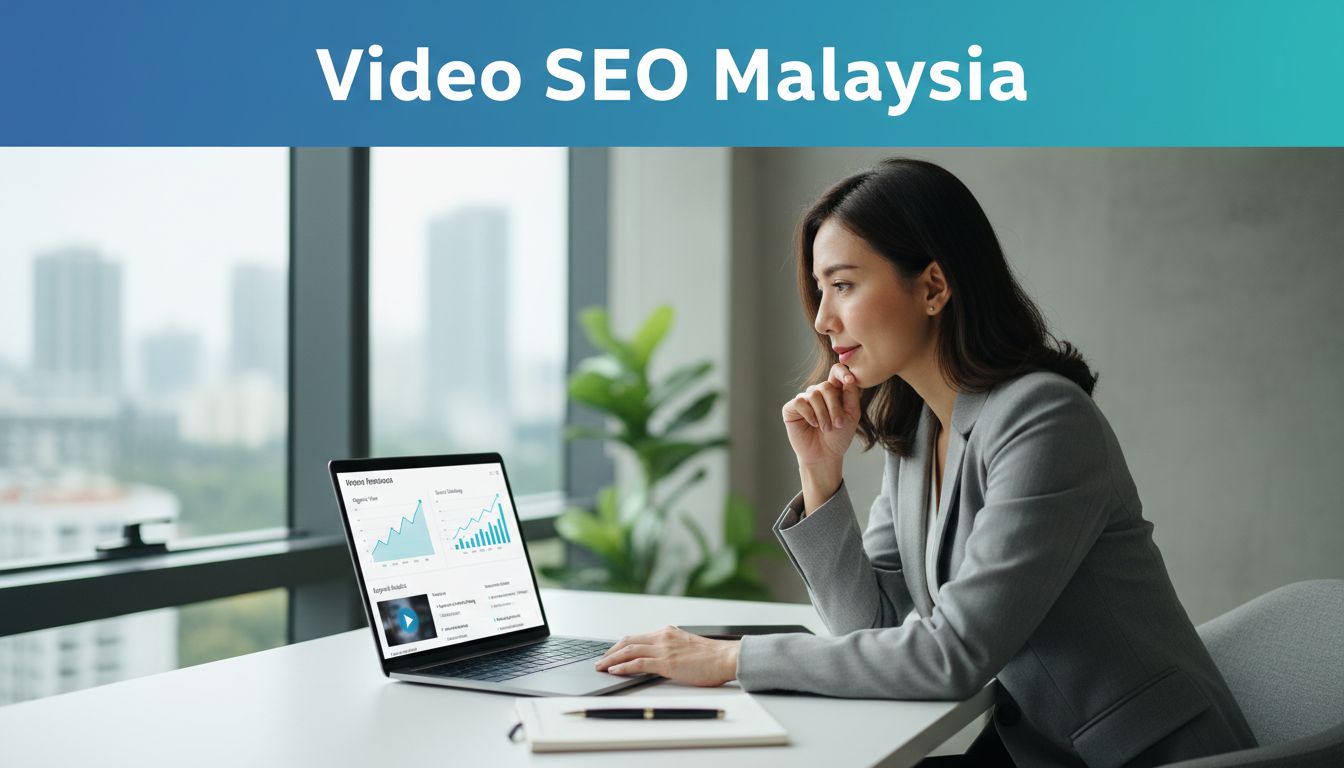 A Malaysian strategist reviews video results on a laptop in a bright office.