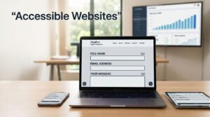Laptop, phone, and tablet display an accessible contact form in a bright office.