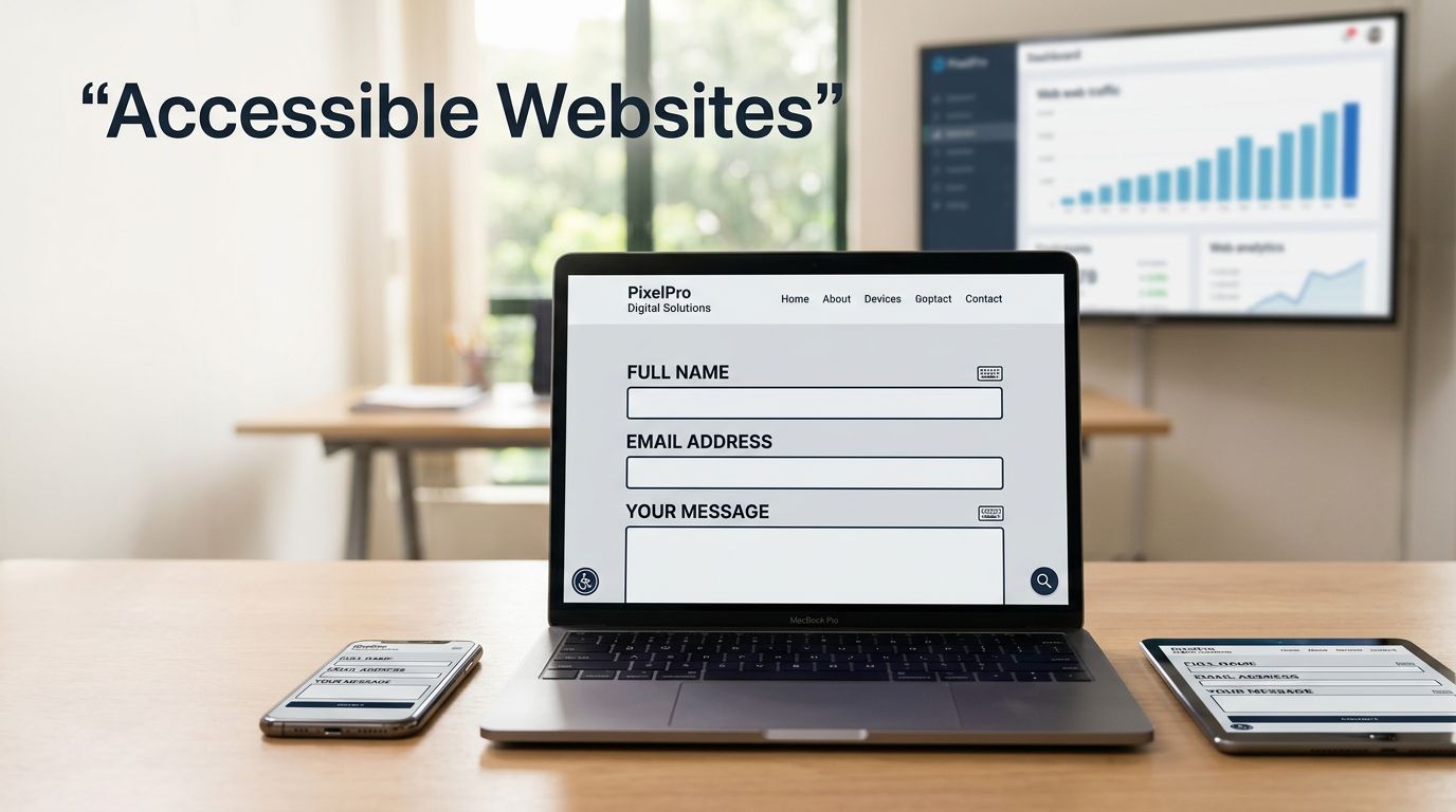 Laptop, phone, and tablet display an accessible contact form in a bright office.
