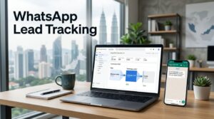 Phone chat and laptop analytics dashboard show WhatsApp lead tracking in Malaysia.
