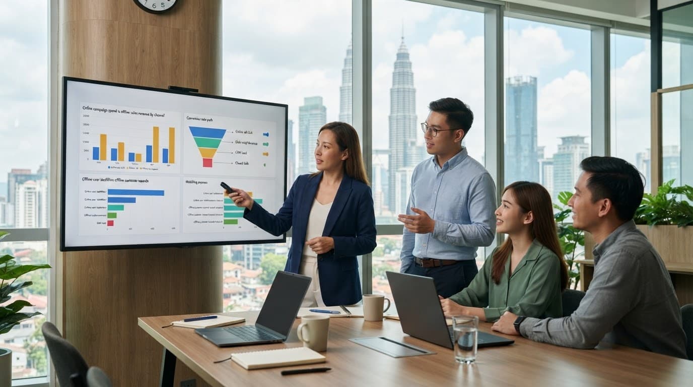 Business colleagues review sales data on a monitor in a bright Kuala Lumpur office.