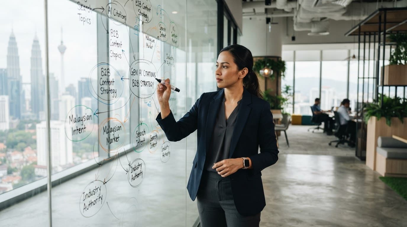 A business strategist maps content clusters on a glass board in a bright Kuala Lumpur office.
