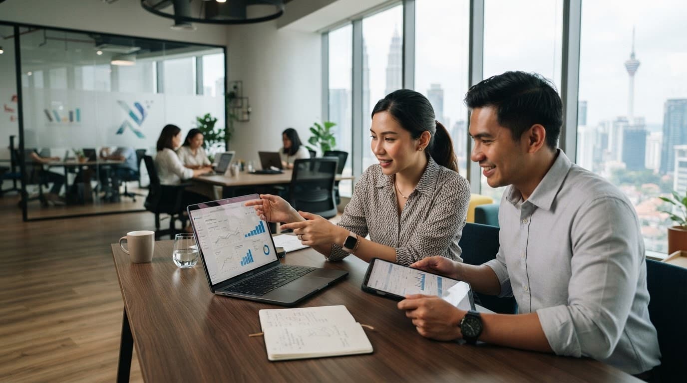 A man and woman review charts on a laptop and tablet in a bright modern office.