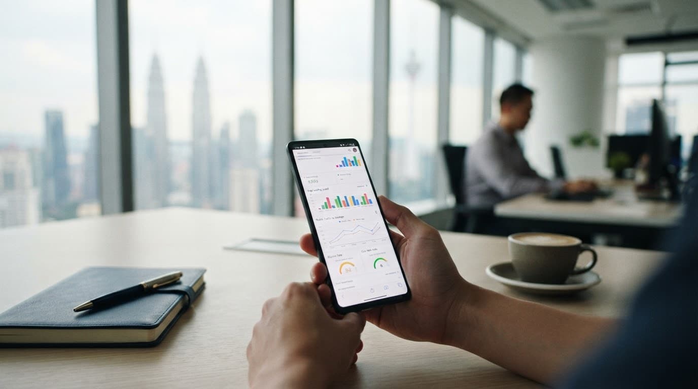 Smartphone showing analytics metrics on a clean office desk with a notebook and coffee.