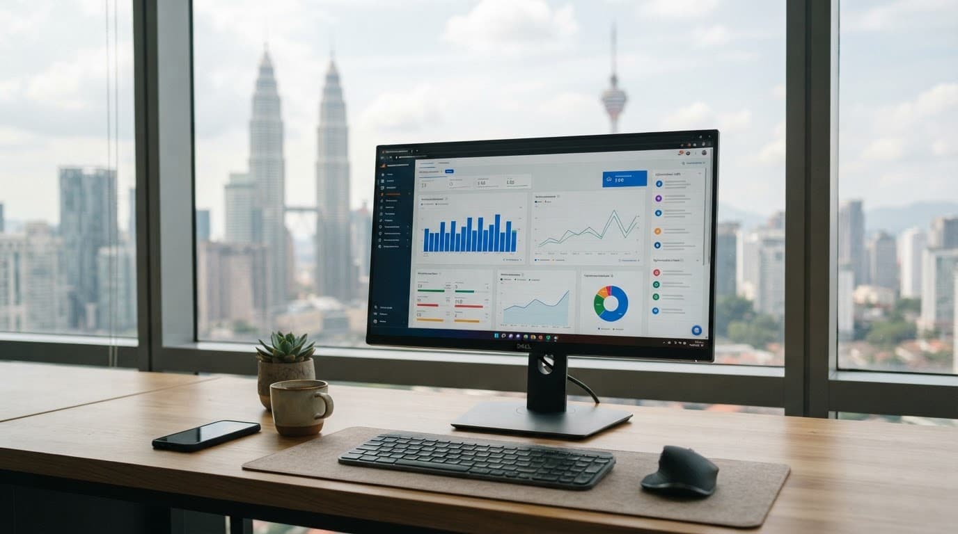 A monitor shows a website optimization dashboard on a desk overlooking Kuala Lumpur.
