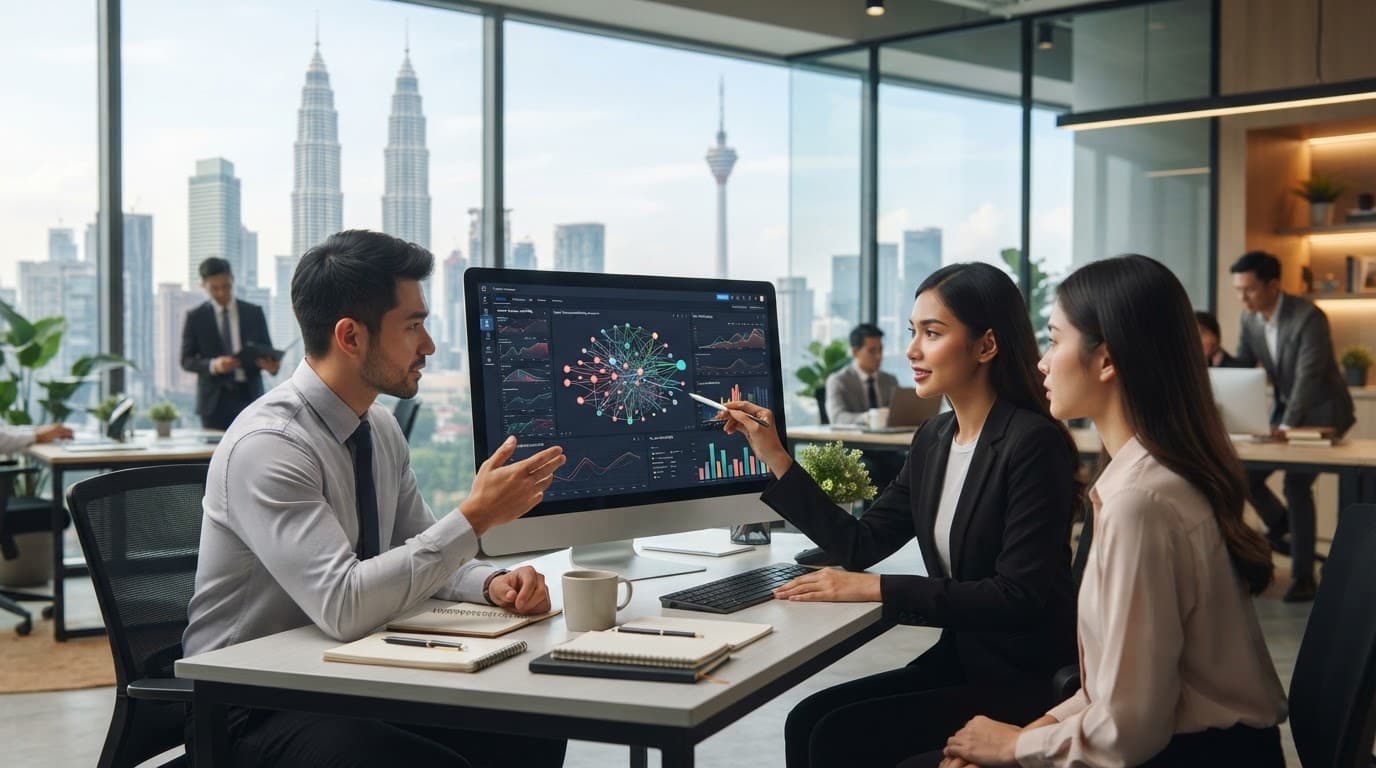 Marketing professionals review search visibility graphs on one computer screen in a modern office.