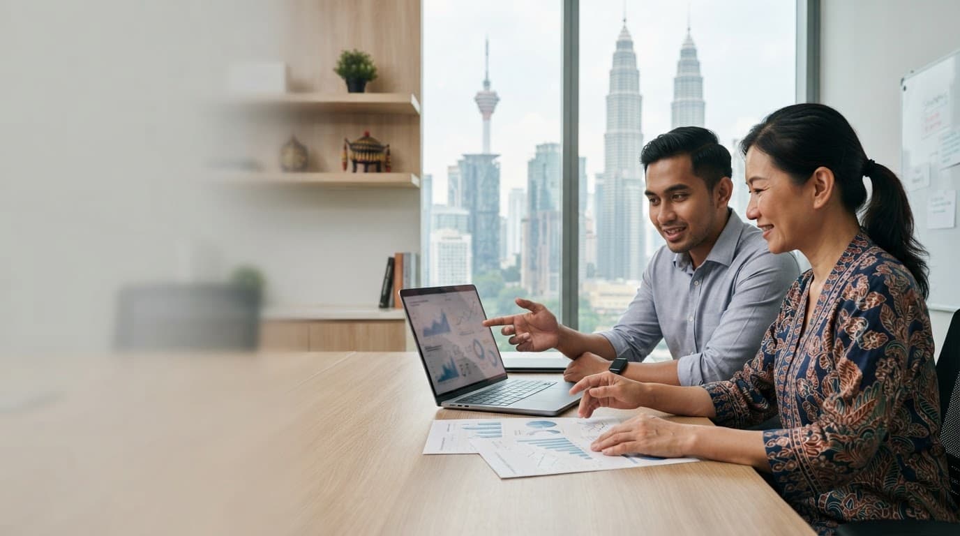 Two business professionals review a laptop and printed charts in a modern Kuala Lumpur office.