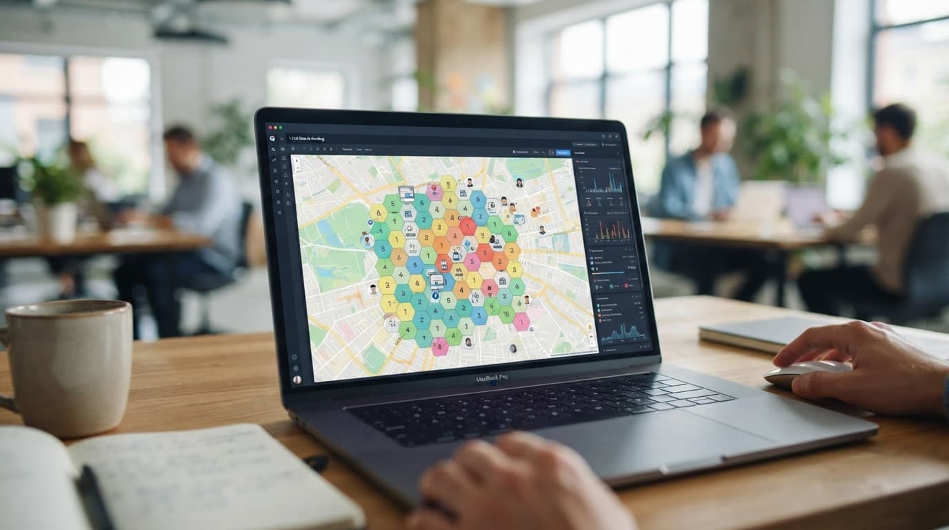 Laptop showing a local map ranking grid in a bright modern office.