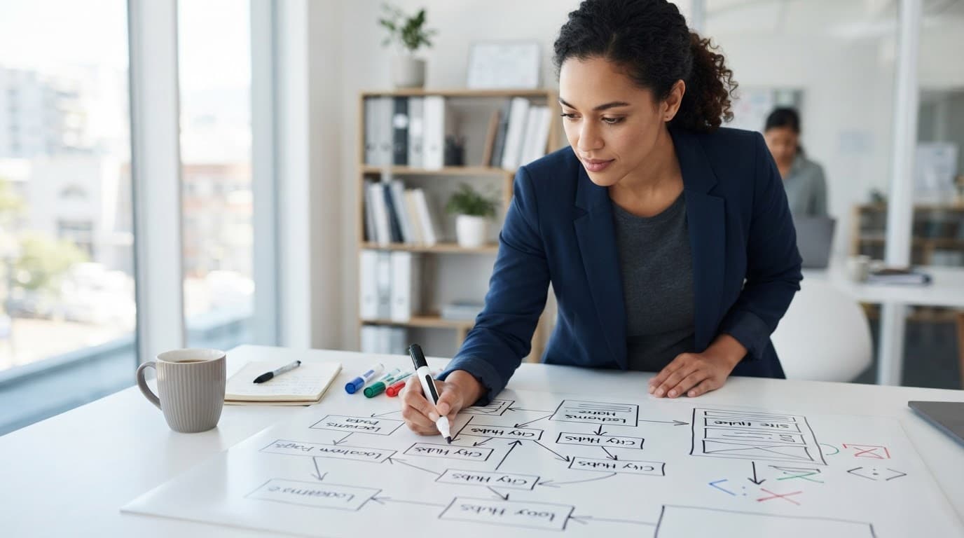 A strategist writing SEO plans beside coffee on a bright white office desk.
