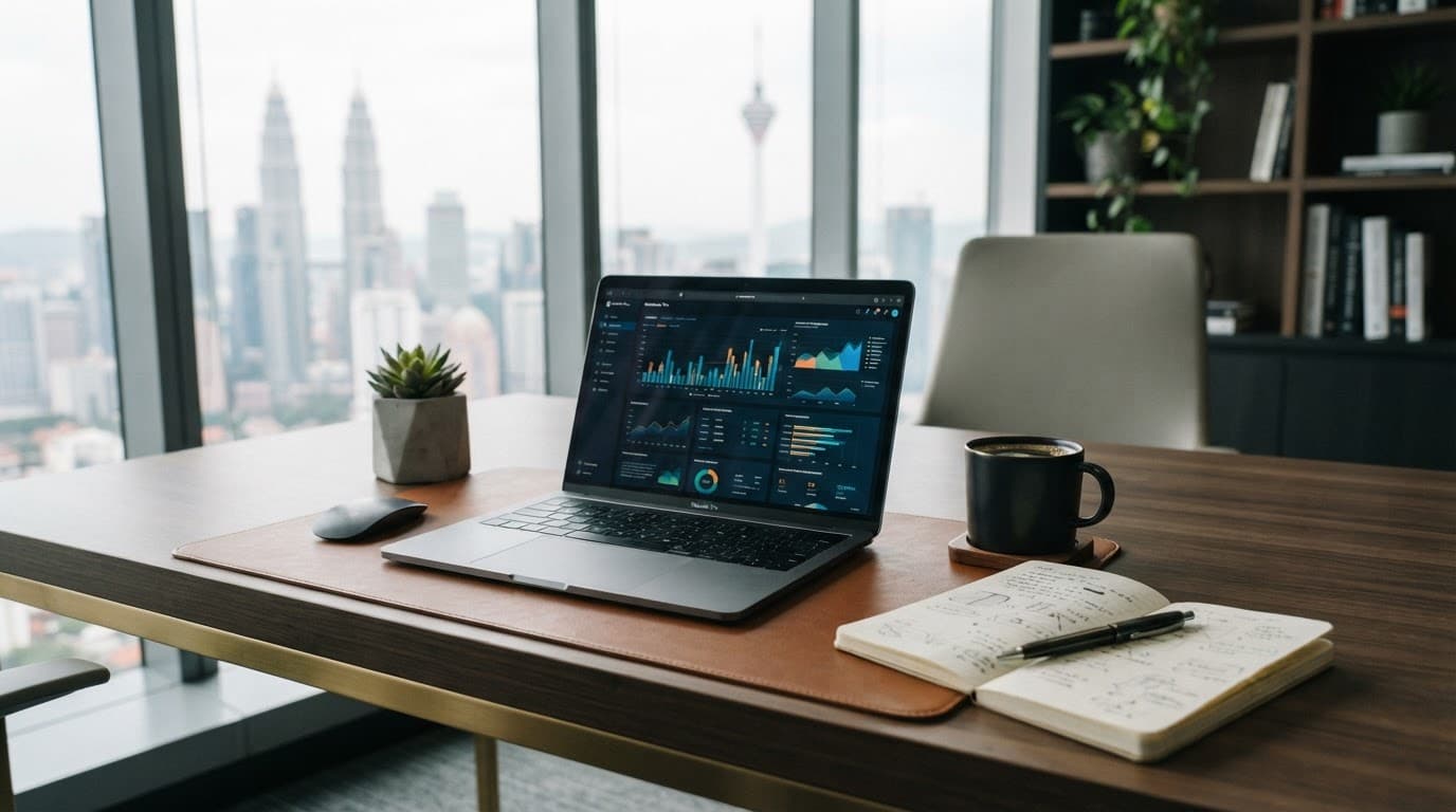 Laptop with abstract charts, notebook, and coffee on a minimalist office desk.