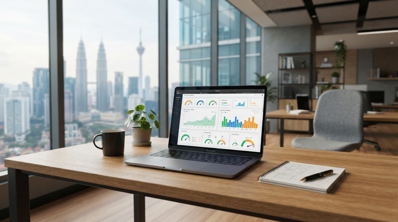 Laptop displaying mobile speed charts on a wooden desk in a bright office.