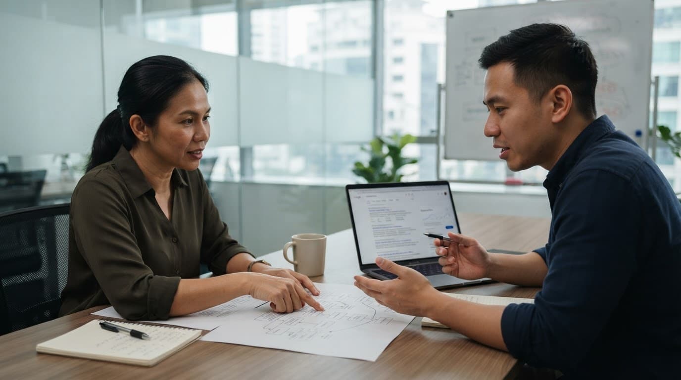 Two professionals review a website diagram and laptop during an office strategy meeting.