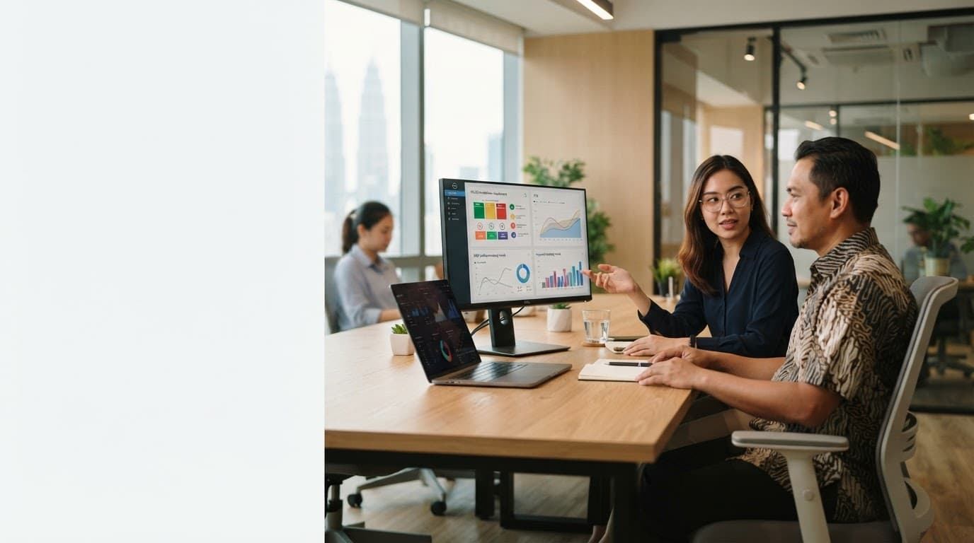 Two people review website accessibility and search performance on screens in a bright office.