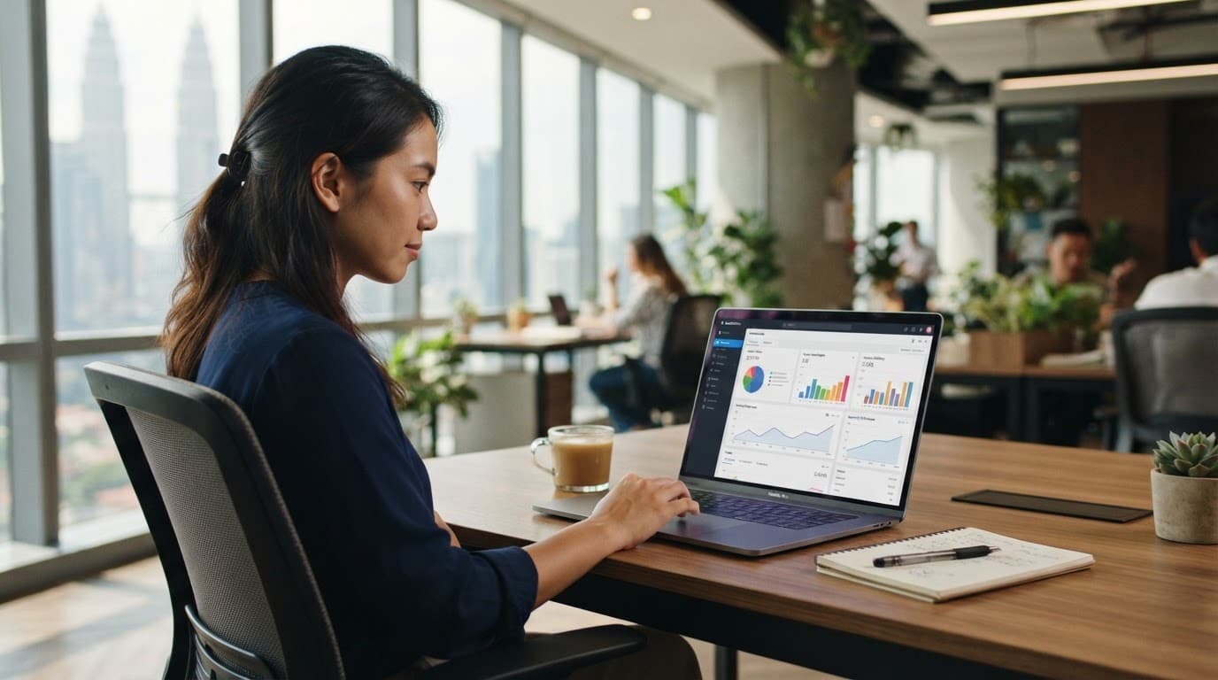 One person works beside a laptop showing website analytics graphs in a bright modern office.