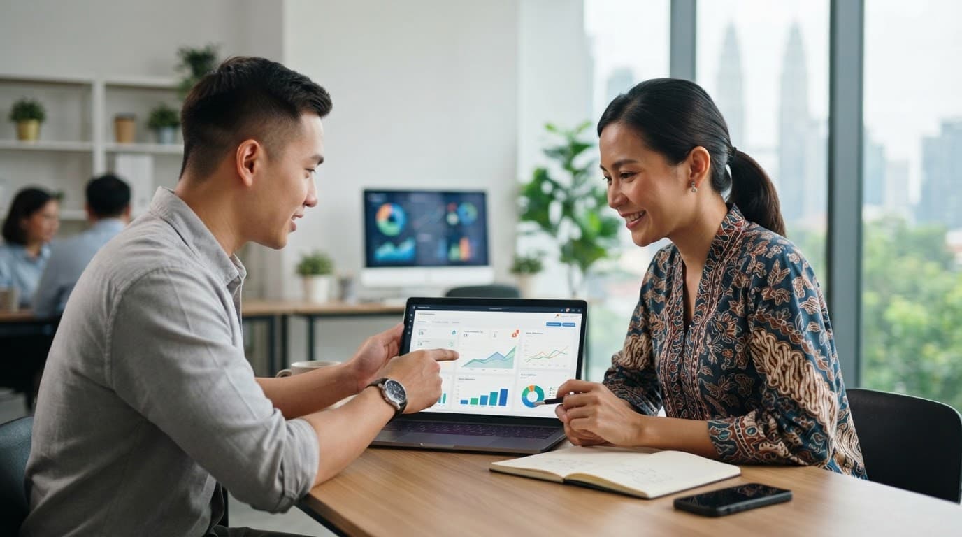 Two professionals review brand mentions on a laptop in a bright Kuala Lumpur office.