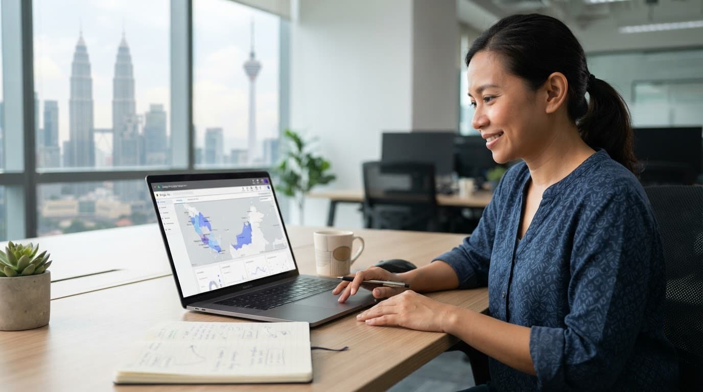 A Malaysian business owner reviews a map on a laptop beside a notebook and coffee.