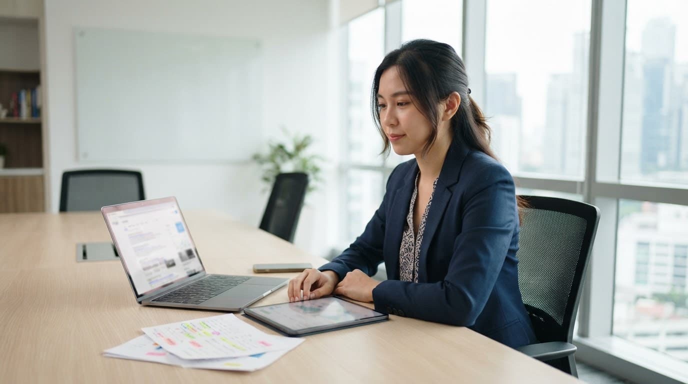 A healthcare marketer reviews notes beside a laptop, tablet, and phone in a bright office.