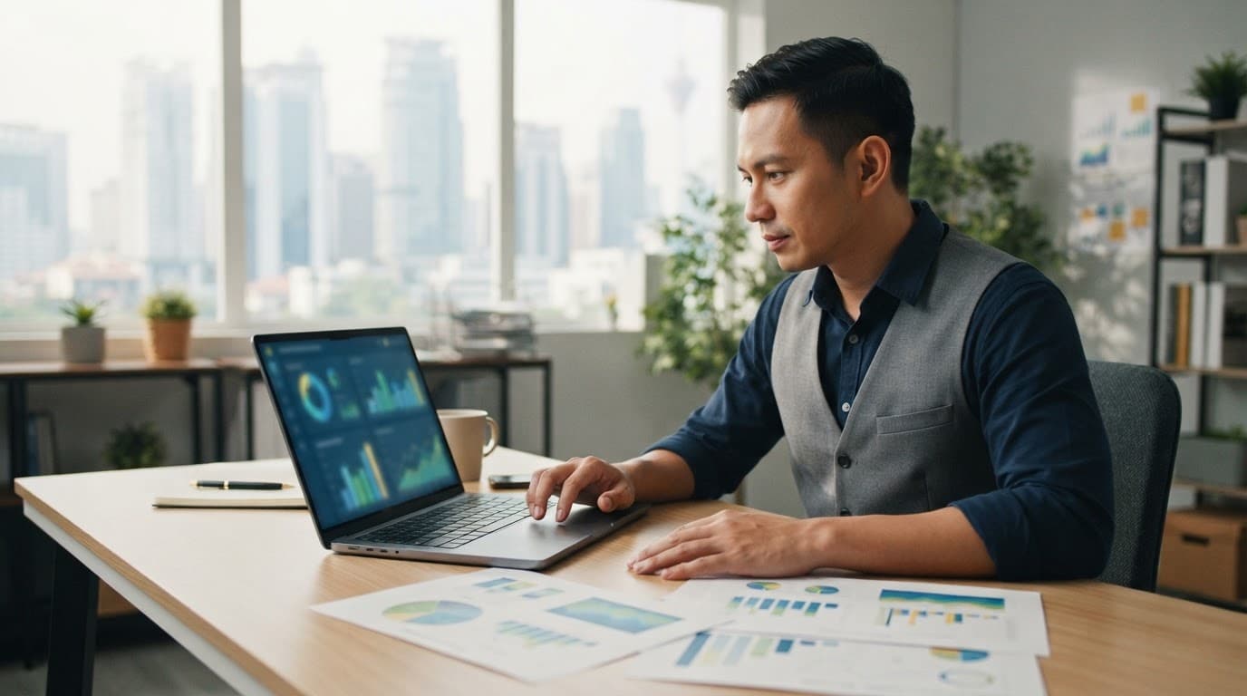 A Malaysian business founder reviews analytics on a laptop beside printed charts.