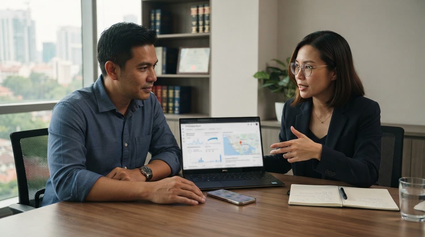 Two professionals reviewing a laptop report beside a phone in a bright law office.