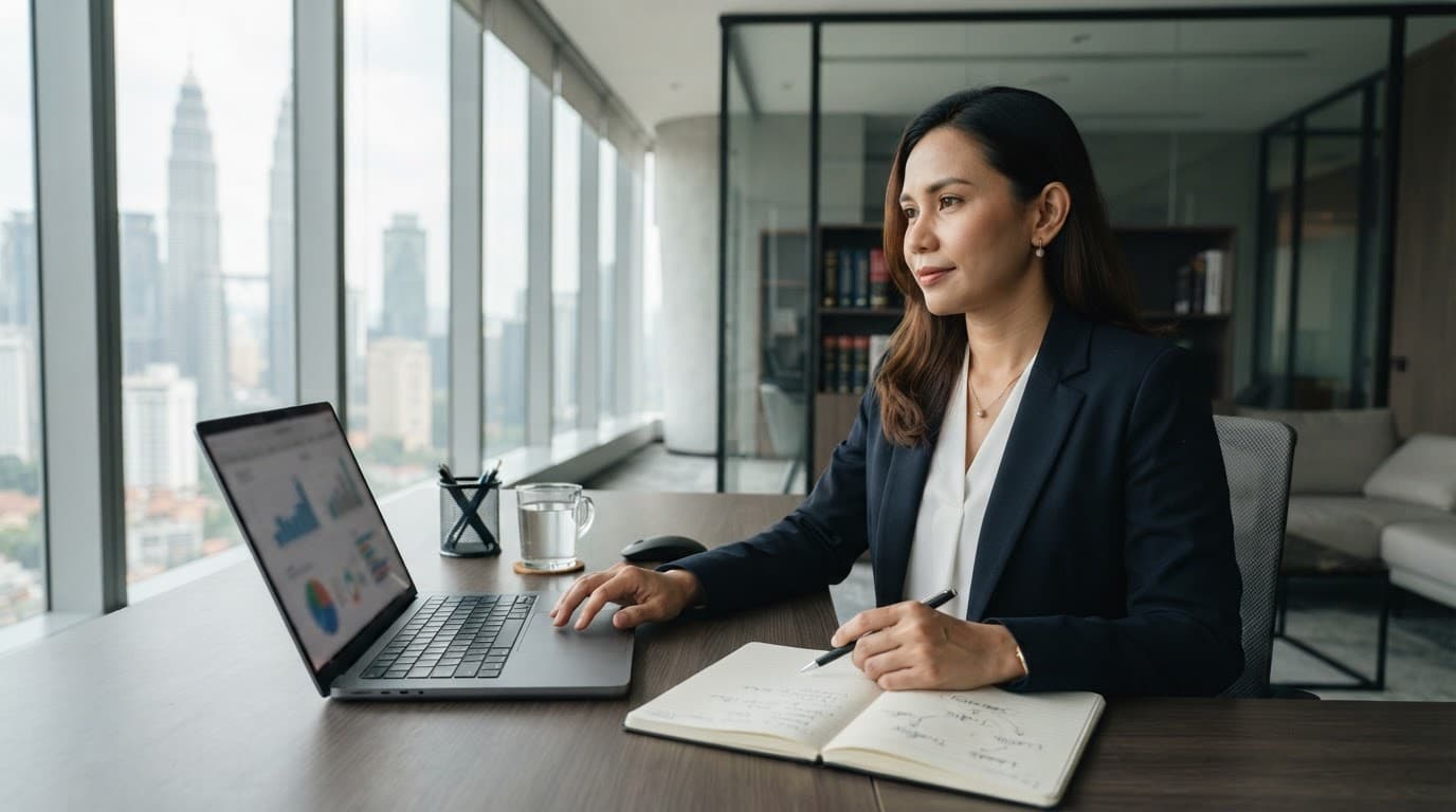A Malaysian legal professional reviews strategy on a laptop beside a notebook.