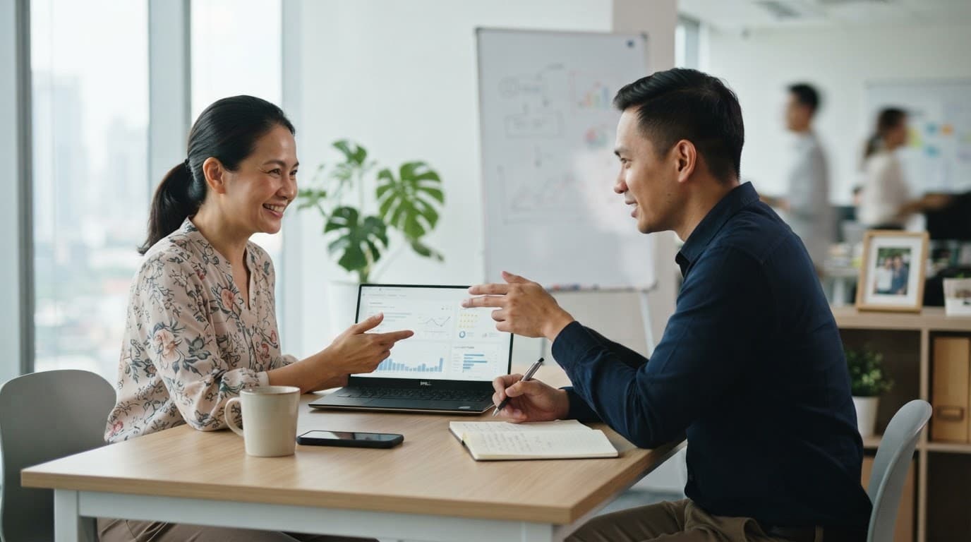 A business owner and marketing specialist review feedback beside a laptop in a modern office.