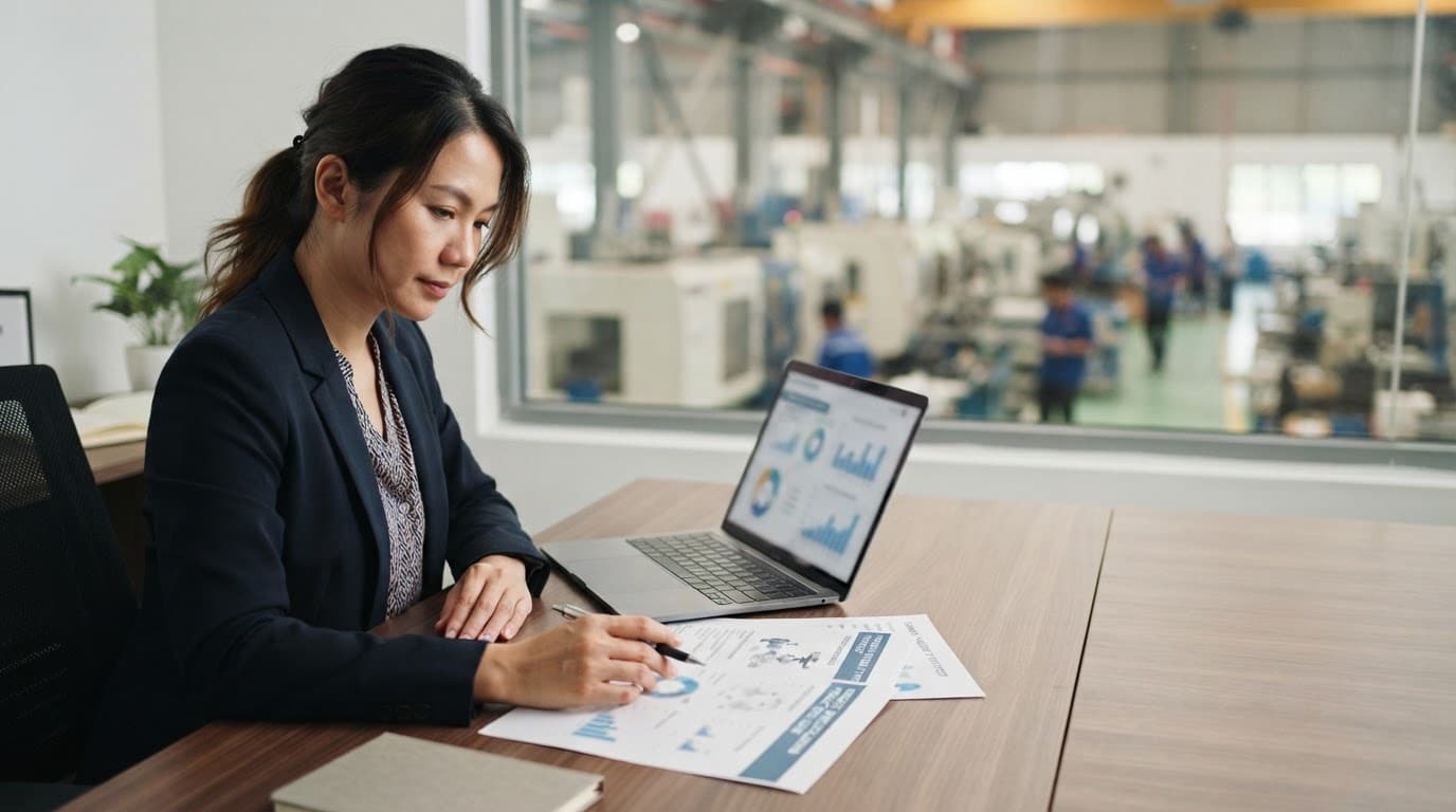 A manager reviews a laptop and product sheets beside a factory window.
