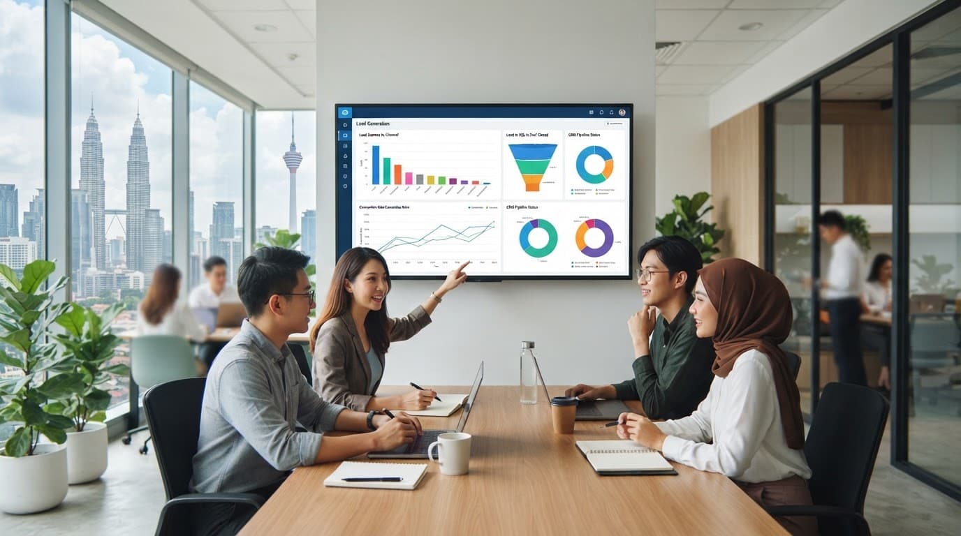 Monitor showing marketing leads and CRM conversions in a bright Malaysian office.