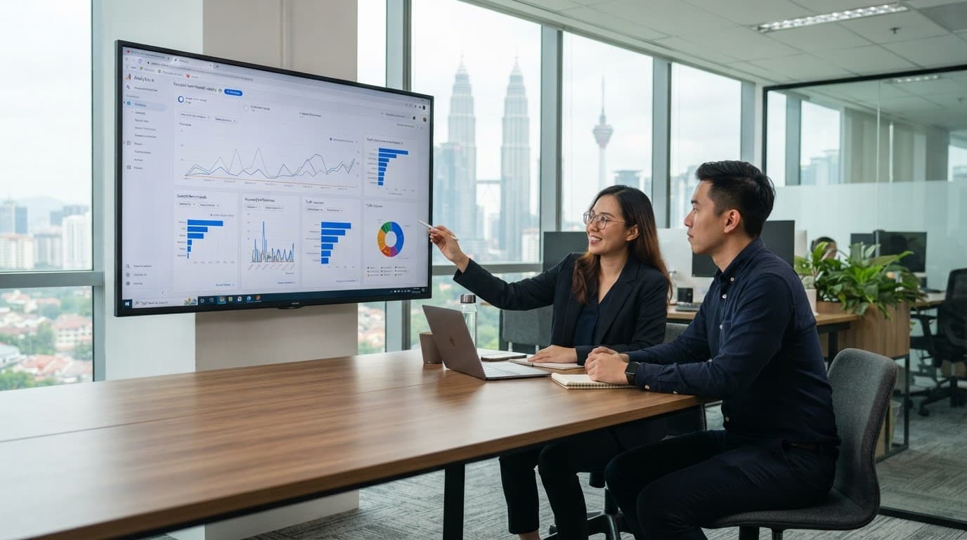 Two marketers review search data on a large monitor in a bright office.