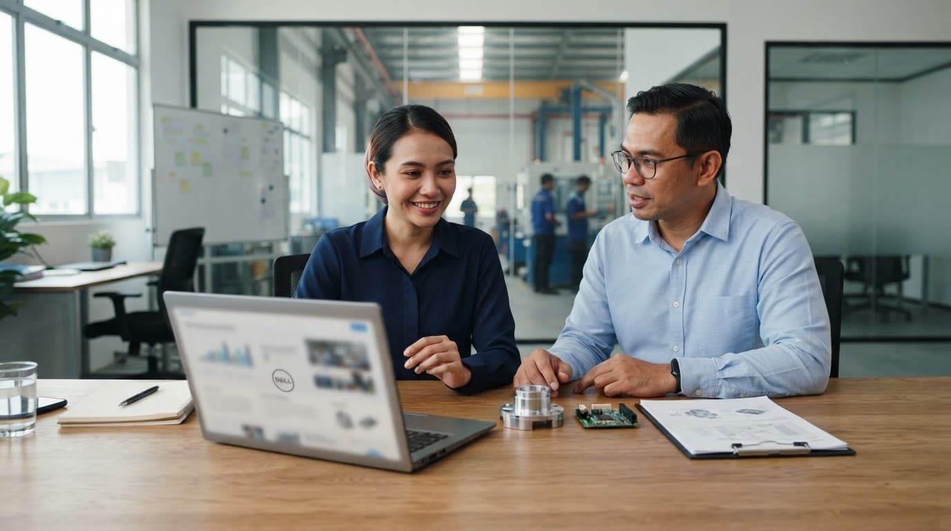 Two professionals review a laptop and product samples in a modern manufacturing office.