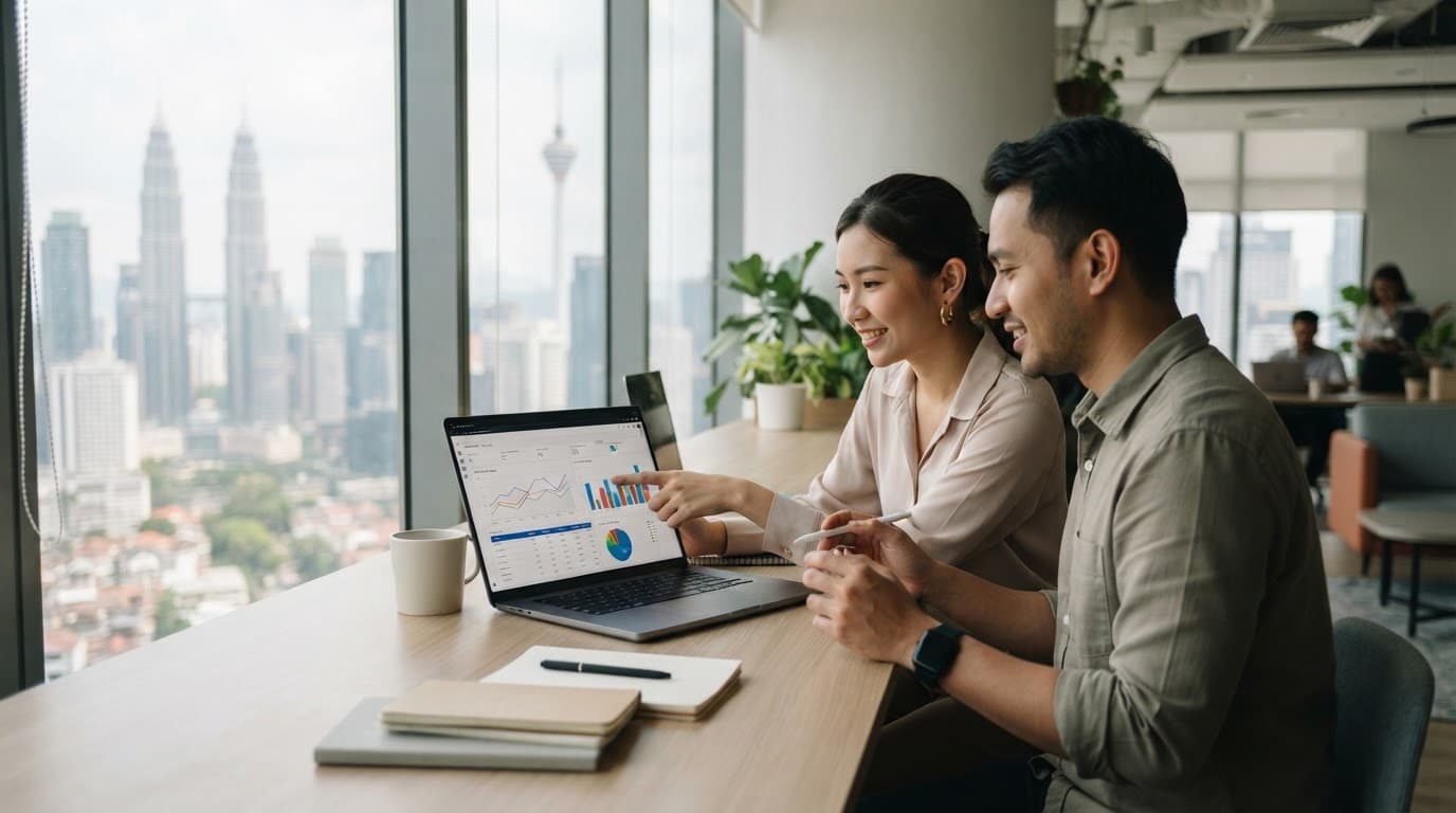 Two marketing professionals review website analytics on laptops in a bright office.