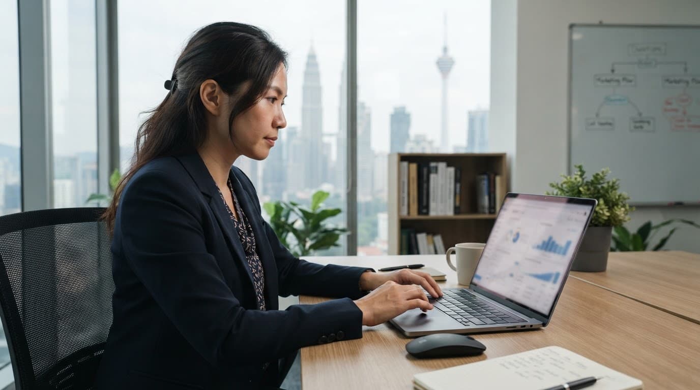 A Malaysian business owner reviews website analytics on a laptop in a bright office.