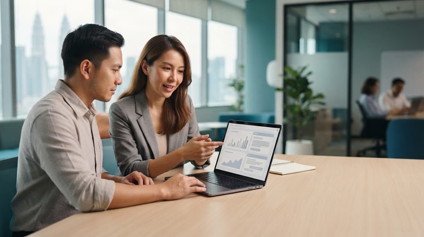 Two professionals review search analytics on a laptop in a bright modern office.