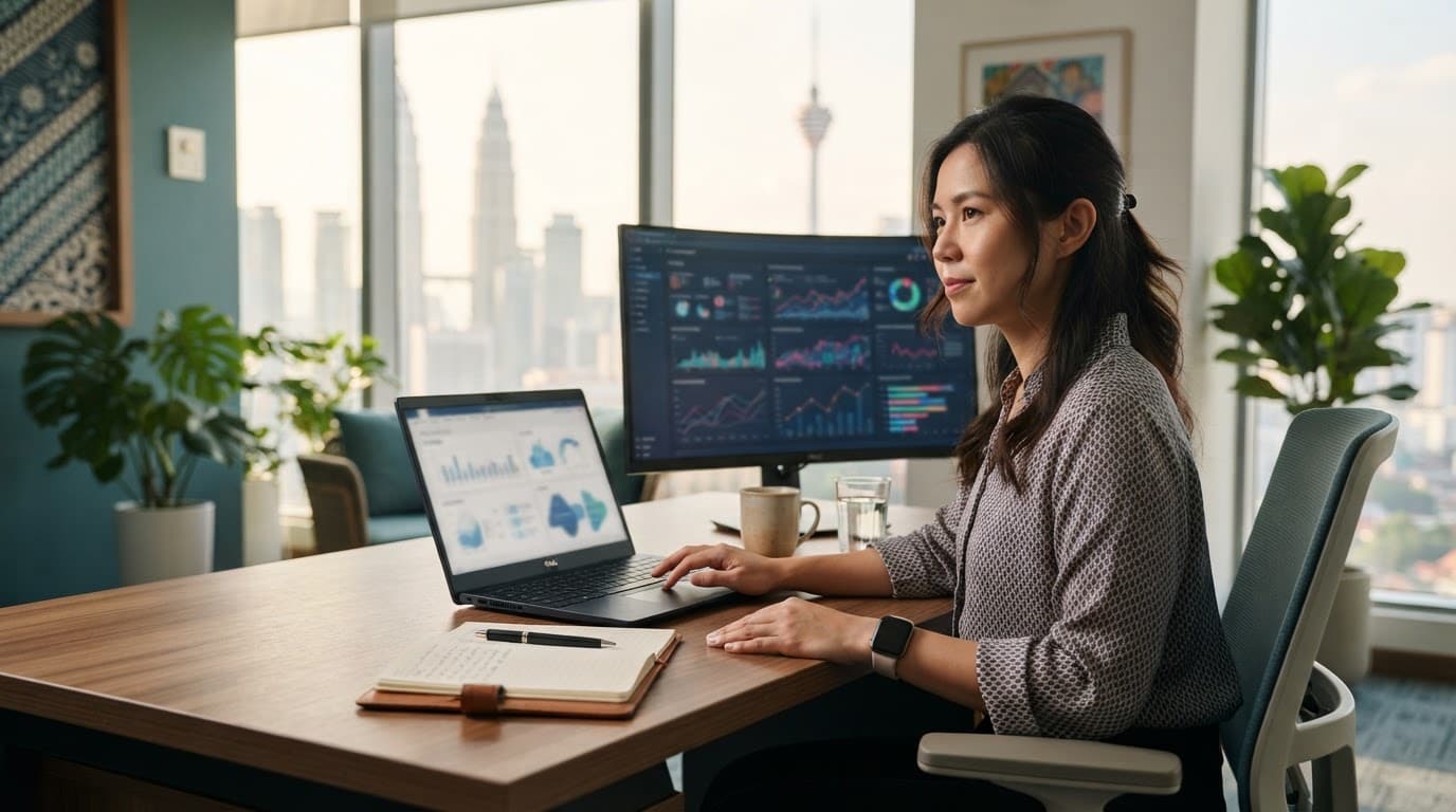 A Malaysian strategist reviews analytics on two screens at a tidy office desk.