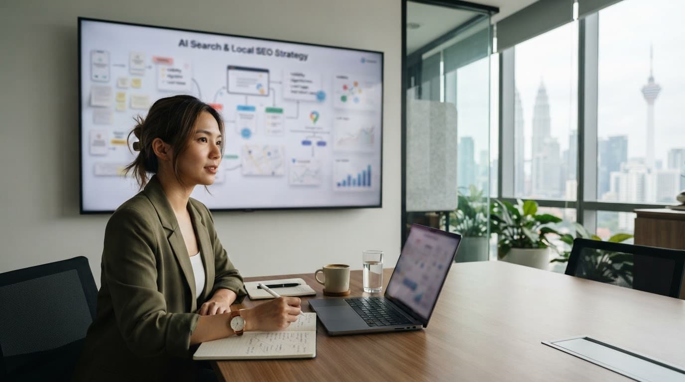 A marketing professional with a laptop beside a blurred analytics display.